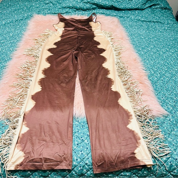 U Neck Cutout Wide Leg Side Fringed Sleeveless Jumpsuit-Brown/Tan - Picture 4 of 15